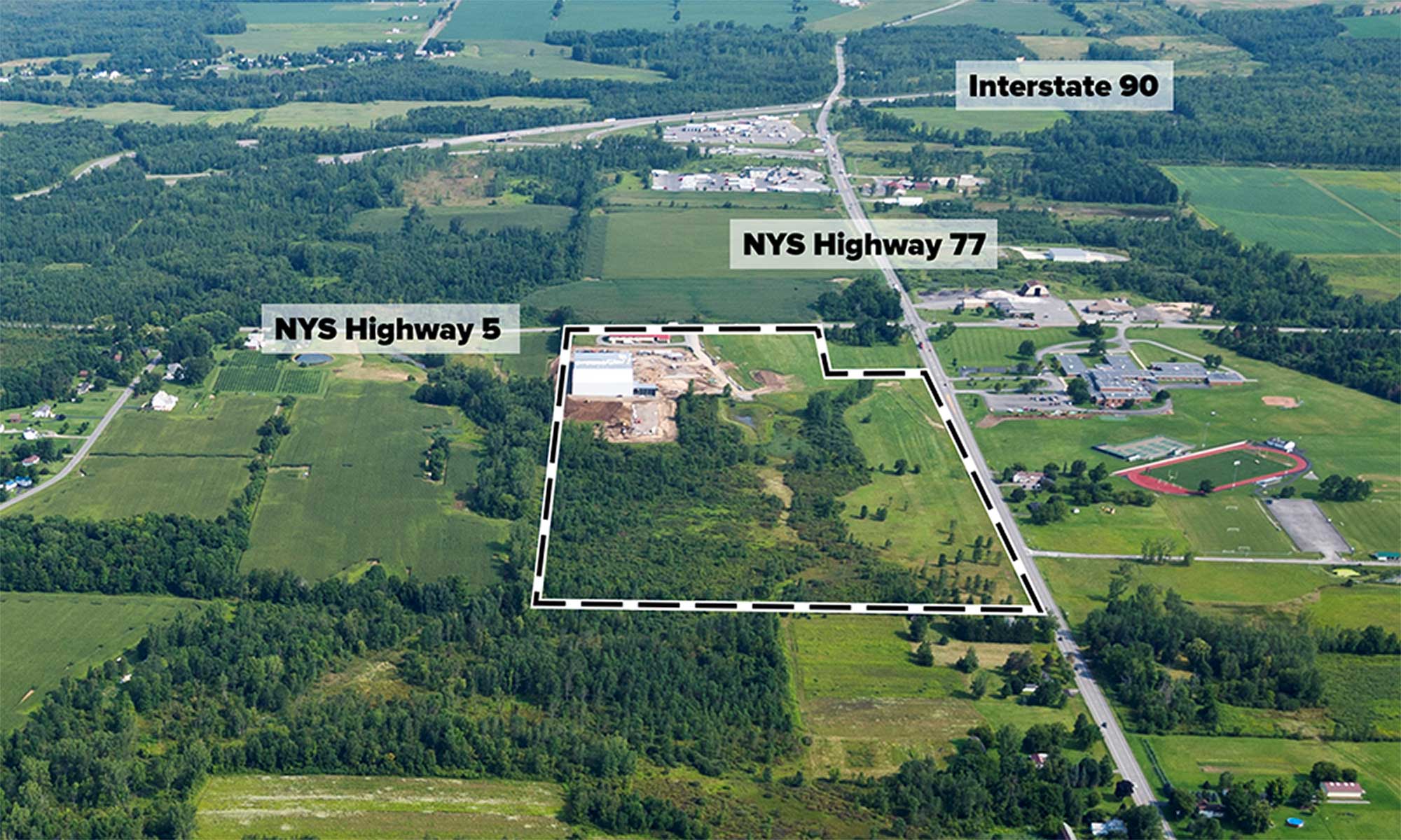 An aerial view of the Buffalo East Tech Park and transportation infrastructure in Pembroke, NY.